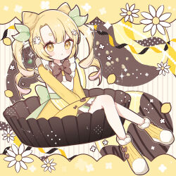  1girl :< aobahosino blonde_hair blush_stickers bow bowtie brown_bow brown_bowtie chocolate closed_mouth commentary cone_hair_bun dot_nose double_bun dress food fruit full_body fur-trimmed_shoes green_ribbon hair_bun hair_ribbon highres lemon long_hair long_sleeves original outline ribbon shoes sitting solo thick_eyebrows twintails valentine white_background white_outline yellow_dress yellow_eyes yellow_shoes 