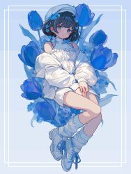  1girl bare_shoulders black_hair blue_background blue_eyes blue_flower blue_rose blush closed_mouth commentary_request dot_nose flower full_body hat highres jacket long_sleeves looking_at_viewer loose_socks open_clothes open_jacket original pixel_art rose shirt shoes short_hair shorts shusi_(6muuu3) sneakers socks solo white_hat white_jacket white_shirt white_shoes white_shorts white_socks 