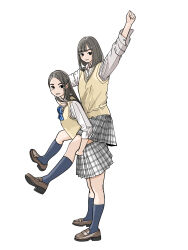  2girls absurdres arm_up black_eyes blue_bow bow brown_hair brown_shoes carrying grey_skirt grey_socks highres loafers long_hair medium_hair multiple_girls piggyback plaid_clothes plaid_skirt sakamoto_giulietta school_uniform shoes simple_background skirt smile socks standing vest white_background yellow_vest 
