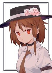  1girl absurdres alternate_headwear black_collar black_hat brown_eyes brown_hair chinese_commentary collar collared_shirt commentary flower funnytt hair_tie hat hat_flower highres looking_at_viewer medium_hair necktie open_mouth pink_flower pink_rose red_necktie rose shirt sleeve_garter solo touhou usami_renko white_background white_shirt 