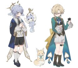  2boys aged_down aventurine_(honkai:_star_rail) black_gloves black_shoes black_shorts blonde_hair cat chibi feathered_wings fox full_body gloves grey_hair halo head_wings honkai:_star_rail honkai_(series) hssfaxee multiple_boys open_mouth own_hands_clasped own_hands_together shoes short_hair shorts simple_background smile socks sunday_(honkai:_star_rail) thigh_strap violet_eyes white_background white_shorts white_socks wings yellow_eyes 