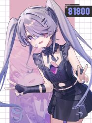  1girl absurdres bandaid bandaid_on_cheek bandaid_on_face bandaid_on_nose black_gloves black_shirt black_skirt chest_jewel commentary double_v fingerless_gloves gem gloves hair_ornament hair_over_one_eye hairclip highres hololive hololive_english jewel_under_eye koseki_bijou koseki_bijou_(casual) long_hair looking_at_viewer miniskirt official_alternate_costume official_alternate_hairstyle parallel_hairclips purple_gem purple_hair ricke_2002 shirt sidelocks skirt swept_bangs twintails v very_long_hair violet_eyes virtual_youtuber zoom_layer 