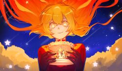  1girl bright_pupils carousel closed_mouth don_quixote_(project_moon) eyes_visible_through_hair hair_between_eyes haneetyann hashtag-only_commentary hero_(mili) highres limbus_company long_hair mili_(band) orange_hair project_moon smile solo sparkling_eyes very_long_hair yellow_eyes 