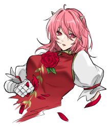  1girl bandaged_arm bandages brown_horns commentary_request cone_horns cropped_torso flower horns ibaraki_kasen medium_hair nap_muntarou oni parted_lips petals pink_eyes pink_hair red_flower red_rose red_tabard rose rose_petals shirt solo tabard teeth touhou white_background white_shirt 