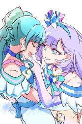 2girls aqua_bow aqua_bowtie aqua_hair arm_around_waist blue_bow blue_bowtie blue_choker blue_crown blue_eyes blue_hair blue_hairband blunt_bangs bow bowtie brooch choker closed_eyes closed_mouth commentary crown crown_earrings cure_lillian cure_nyammy dress earrings elbow_gloves gloves hair_bow hairband half_gloves hand_on_another's_face heart heart_brooch highres hug jewelry kengo_kumaxile long_hair looking_at_another magical_girl mini_crown multiple_girls nekoyashiki_mayu nekoyashiki_yuki off-shoulder_dress off_shoulder open_mouth pact_holder pink_bow pointed_crown precure side_ponytail simple_background smile snowflakes sparkle standing straight_hair tilted_headwear white_background white_dress wonderful_precure! yuri 