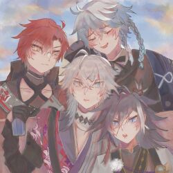  4boys ahoge banzoin_hakka black_gloves blue_eyes blue_hair braid fang gavis_bettel gloves heterochromia highres holostars holostars_english looking_at_viewer machina_x_flayon multiple_boys neyumm octavio open_mouth purple_hair red_eyes red_hair short_hair twin_braids virtual_youtuber white_hair 