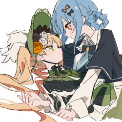  2girls black_capelet black_flower black_rose blonde_hair blue_hair blue_necktie braid braided_hair_rings capelet commentary_request eye_contact face-to-face flower girl_on_top green_bonnet green_eyes hair_rings hair_spread_out highres lolita_fashion long_hair long_sleeves looking_at_another looking_down looking_up lying mahou_shoujo_no_majo_saiban multiple_girls necktie no_headwear on_back orange_eyes profile rose short_hair simple_background tachibana_sherry tono_hanna twintails waipiiy white_background white_flower white_rose 