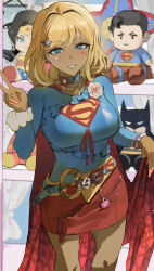  1girl absurdres batman batman_(series) blonde_hair blue_eyes breasts cape commentary cosplay dc_comics english_commentary gyaru highres large_breasts long_hair original park_ongjol red_cape rock_fan_gyaru_(park_ongjol) smile solo superhero_costume superman superman_(cosplay) superman_(series) the_flash the_flash_(series) v wonder_woman wonder_woman_(series) 