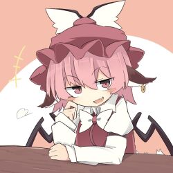  1girl animal_ears bird_ears bird_wings blush bow bowtie brown_dress commentary_request dress elbow_on_table fang hand_on_own_cheek hand_on_own_face hat long_sleeves looking_at_viewer mystia_lorelei parted_lips pink_eyes pink_hair ro_74 shirt sitting skin_fang smile solo table touhou white_bow white_bowtie white_shirt wings 