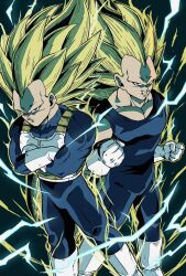  2boys aura blonde_hair blue_sash commentary_request dragon_ball dragon_ball_super dragon_ball_z electricity highres male_focus metamoran_vest multiple_boys muscular muscular_male onigiri_debu saiyan saiyan_armor sash spiky_hair super_saiyan super_saiyan_3 vegeta 