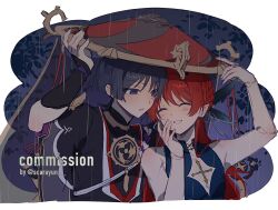  1boy 1girl armor armpits bare_shoulders black_bodysuit black_hair black_hat black_kimono black_mask black_sleeves blunt_ends bodysuit braid choppy_bangs cleavage_cutout closed_eyes clothing_cutout commission couple covered_collarbone cross doll_joints empty_eyes facing_another fingernails flat_chest furisode furrowed_brow genshin_impact gold gold_trim grey_eyes grey_sleeves half_crown_braid hand_on_own_face hand_up hat heads_together hetero highres improvised_umbrella japanese_armor japanese_clothes jewelry jingasa joints juban kimono kote kurokote layered_sleeves light_frown long_hair looking_at_another mandarin_collar mask_on_hat mitsudomoe_(shape) mole mole_under_eye neck_ring night oc_x_canon open_clothes open_hands open_kimono open_mouth original outdoors pointy_ears purple_sleeves rain red_hair red_hat red_kimono scaramouche_(genshin_impact) see-through_clothes see-through_veil shared_hat single_braid sleeveless tomoe_(symbol) tsurime twitter_username two-tone_hat veil white_kimono white_mouth white_trim yunhhj 