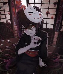  1girl architecture black_hair black_kimono commentary east_asian_architecture fox_mask full_moon green_hair hanafuda hand_eye hashtag-only_commentary hatsune_miku highres japanese_clothes kimono looking_at_viewer mask mask_on_head moon multicolored_hair musunde_hiraite_rasetsu_to_mukuro_(vocaloid) red_eyes red_hair red_nails right-over-left_kimono rozenseraph sitting solo string string_of_fate twintails twitter_username untranslatable_commentary vocaloid 