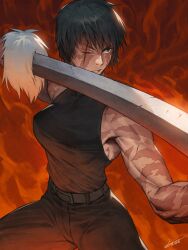  absurdres bare_shoulders belt black_hair black_panties breasts hichi highres jujutsu_kaisen multiple_scars muscular muscular_female one_eye_closed panties scar short_hair underwear zen'in_maki zen'in_maki_(post_shibuya) 