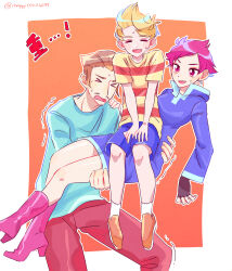  1girl 2boys blonde_hair brown_hair commentary_request cyappy1022 dress duster_(mother) highres holding hood kumatora looking_at_viewer lucas_(mother_3) mother_(series) mother_3 multiple_boys open_mouth pink_hair shirt short_hair shorts simple_background smile striped_clothes striped_shirt 