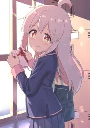  1girl ahoge bag black_jacket black_skirt blush box changaa commentary double-parted_bangs getabako heart-shaped_box highres holding indoors jacket long_hair long_sleeves looking_at_viewer onii-chan_wa_oshimai! oyama_mahiro pink_hair pleated_skirt school_bag skirt smile solo 