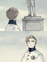  1boy blonde_hair closed_mouth clouds cloudy_sky coat from_behind grey_eyes grey_sky high_collar highres looking_at_viewer multiple_views napoleon_bonaparte napoleon_ii outdoors real_life short_hair sky solo statue upper_body white_coat 