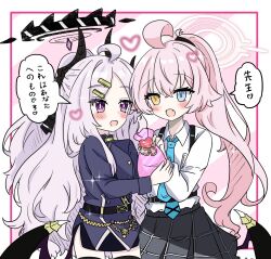  2girls ahoge black_skirt blue_archive blue_eyes commentary_request demon_wings e_v_e_neko halo heterochromia highres hina_(blue_archive) horns hoshino_(blue_archive) long_hair multiple_girls necktie pink_hair ponytail shirt skirt speech_bubble translation_request violet_eyes wings yellow_eyes 