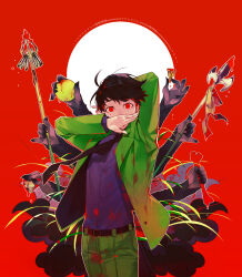  1boy absurdres belt black_necktie blood blood_on_clothes bone commentary_request covered_mouth disembodied_hand grass green_jacket green_pants highres holding holding_bone holding_weapon jacket kurosawa_(adelta) male_focus moon necktie official_art ooe_(game) pants polearm purple_shirt red_background red_eyes ringed_eyes shiodome_(ooe) shirt spear staff weapon 