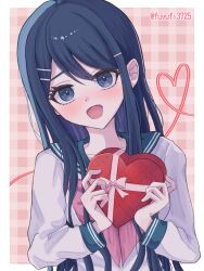  1girl artist_name blue_eyes blue_hair bow bowtie box danganronpa:_trigger_happy_havoc danganronpa_(series) dong_li hair_ornament hairclip heart heart-shaped_box highres holding holding_box long_hair long_sleeves looking_at_viewer maizono_sayaka open_mouth pink_bow sailor_collar school_uniform shirt smile solo 