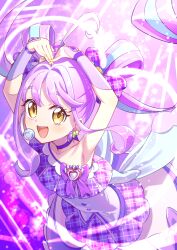  1girl ahoge armpits arms_up blue_hair bow brooch choker commentary cure_kyunkyun double_bun dress earrings english_commentary gloves hair_bun half_gloves hands_on_own_head headset heart heart_brooch highres idol_heart_brooch_(precure) idol_heart_incom jewelry kimi_to_idol_precure leaning_forward light_particles long_hair multicolored_hair open_mouth precure purple_background purple_bow purple_choker purple_dress purple_gloves purple_hair purple_theme rice_rabbit22 shigure_kokoro solo teeth thick_eyebrows twintails two-tone_hair upper_teeth_only very_long_hair yellow_eyes 