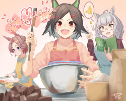  3girls absurdres ahoge animal_ears apron baking banana bandaid bandaid_on_cheek bandaid_on_face biwa_hayahide_(umamusume) black_hair blue_apron blue_eyes blue_sweater blush bnw_(umamusume) breasts brown_hair chocolate chopping closed_mouth cover cover_page ear_ornament flour_(cookie) food fruit glasses grey_hair hair_between_eyes hair_ornament heart highres holding holding_knife holding_spatula horse_ears horse_girl kitchen_knife knife long_hair long_sleeves mixing_bowl multiple_girls narita_taishin_(umamusume) open_mouth pink_sweater purple_sweater red-framed_eyewear red_apron red_eyes sasami_oishine semi-rimless_eyewear shirt short_hair smile spatula speech_bubble spoken_food sweater swept_bangs umamusume under-rim_eyewear winning_ticket_(umamusume) yellow_apron yellow_eyes 