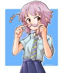  1girl blue_background blue_shirt blue_skirt blush breast_pocket chakka_(nagata08-23) character_name checkered_necktie closed_mouth commentary facial_hair fingers_to_cheeks hands_up idolmaster idolmaster_million_live! kutuzyoku_sbak looking_at_viewer makabe_mizuki mustache necktie notice_lines pleated_skirt pocket puffy_cheeks purple_hair shirt short_hair short_sleeves sidelocks skirt solo upper_body wavy_hair wing_collar yellow_eyes 