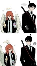 2boys ? angel angel_devil_(chainsaw_man) angel_wings black_hair black_jacket black_necktie black_suit chainsaw_man collared_shirt commentary_request hachiaka3 hair_between_eyes halo hayakawa_aki height_difference highres holding holding_ice_cream_cone ice_cream_cone jacket looking_at_another male_focus multiple_boys necktie open_clothes open_jacket red_hair shirt short_hair simple_background spoken_question_mark suit suit_jacket topknot traditional_halo upper_body weapon weapon_on_back white_background white_shirt white_wings wings 