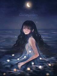  1girl black_hair blue_dress brown_eyes commentary commission crescent_moon dress english_commentary from_side highres long_hair looking_at_viewer mimitanu25 moon night original partially_submerged red_lips skeb_commission sky smile solo sparkle upper_body watermark wavy_hair 