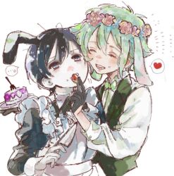  ... 2boys animal_ears basil_(headspace)_(omori) basil_(omori) black_eyes black_gloves black_hair blush bow bowtie butler cake closed_eyes closed_mouth collared_shirt colored_skin commentary_request crossdressing crossdressing_(mtf) double-parted_bangs enmaided fake_animal_ears feeding flower_wreath food fork fruit gloves green_bow green_bowtie green_vest grey_hair hair_between_eyes head_wreath heart hethima_power holding holding_food holding_knife holding_plate knife long_sleeves maid male_focus multiple_boys omori omori_(omori) open_mouth plate rabbit_ears shirt short_hair sidelocks simple_background smile speech_bubble spoken_ellipsis spoken_heart strawberry teeth vest white_background white_shirt white_skin 