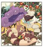  :d ^_^ alternate_color berry berry_(pokemon) blue_eyes border camellia chikafuji claws closed_eyes commentary_request drooling fangs flower food fruit furret highres hugging_own_tail hugging_tail leaf looking_at_another lying natu no_humans one_eye_closed open_mouth plant pokemon pokemon_(creature) raikou red_eyes red_flower sentret shiny_pokemon sitrus_berry sleeping smile snow snowing tail u_u white_border 
