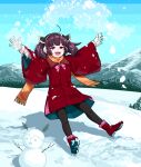  1girl \||/ ahoge arms_up blue_sky blunt_bangs blush boots bow bowtie character_snowman coat commentary_request day earmuffs falling full_body fur-trimmed_gloves fur_trim gloves half-closed_eyes headgear highres medium_hair midair mountainous_horizon namae_(koubutunado) official_alternate_costume orange_scarf outdoors outstretched_arms pink_bow pink_bowtie plaid plaid_scarf playing purple_hair red_coat red_eyes red_footwear scarf shadow sky smile snow snowman solo sparkle spread_arms throwing touhoku_kiritan twintails voiceroid white_gloves wide_sleeves winter winter_clothes zundamon 
