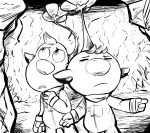  2boys big_nose buttons cave closed_eyes closed_mouth commentary english_commentary flower frown gloves grass hand_on_own_chin lineart looking_up louie_(pikmin) male_focus monochrome multiple_boys olimar olimin open_mouth outstretched_arms pikmin_(series) pointy_ears short_hair spacesuit underground unusually_open_eyes urfbownd very_short_hair 