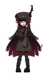  black_boots black_hair boots demon_girl demon_horns demon_tail fangs fingerless_gloves gloves gradient_hair gun hat highres holding holding_gun holding_weapon horns jacket karepack military_hat military_jacket military_uniform multicolored_hair original pointy_ears red_hair rifle simple_background tail weapon white_background 