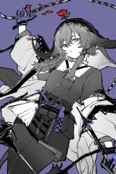  1girl :o animal_ears arknights arm_up chain chinese_commentary commentary_request cowboy_shot flower flower_on_head gloves green_eyes hair_between_eyes hair_ornament highres horns jacket long_sleeves looking_at_viewer off_shoulder pallas_(arknights) pantyhose parted_lips partially_colored petals piaoliu_ping_ping_ping_pingzi pouch purple_background purple_gloves red_flower red_rose rose rose_petals shirt simple_background skirt solo split_mouth standing tail x_hair_ornament 