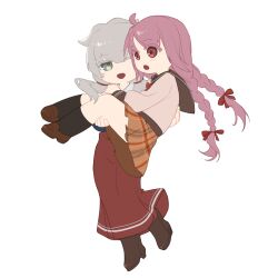  black_socks braid carrying commentary_request full_body grey_hair himuro_lavi kui_kui_jiang magia_record:_mahou_shoujo_madoka_magica_gaiden mahou_shoujo_madoka_magica one_eye_closed open_mouth pink_hair plaid_clothes plaid_skirt princess_carry red_eyes red_skirt satomi_nayuta simple_background skirt socks transparent_background twin_braids 