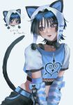  ... 1boy 4the2ofus alternate_costume animal_ears belt black_choker black_hair black_pants blue_belt blue_eyes blue_shirt cat_ears cat_tail chibi choker facing_viewer fake_animal_ears fishnet_top fishnets genshin_impact highres licking_lips lip_piercing looking_to_the_side male_focus multicolored_shirt pants piercing scaramouche_(genshin_impact) shirt solo spoken_ellipsis tail tongue tongue_out translation_request white_shirt 