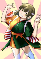  1girl breasts brown_eyes brown_hair commentary_request gloves green_kimono hair_ribbon headband highres hiryuu_(kancolle) hiryuu_kai_san_(kancolle) japanese_clothes kantai_collection kimono large_breasts looking_at_viewer nekotarou_(nktr299) north_macedonian_flag orange_kimono partially_fingerless_gloves ribbon short_hair smile solo thigh-highs white_thighhighs wide_sleeves 