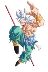  1boy abs absurdres beatlo_(rodrigo38658978) blue_pants commentary dragon_ball dragon_ball_super dragon_ball_z full_body grey_eyes grey_hair highres holding holding_staff male_focus medium_hair muscular muscular_male pants revision ruyi_jingu_bang simple_background solo son_goku spiky_hair staff topless_male ultra_instinct white_background 