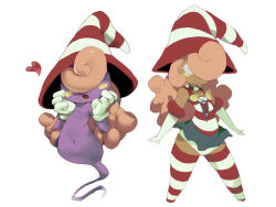  1girl blush_stickers colored_skin commentary_request curly_hair dual_persona ghost_tail gloves hair_over_eyes hat humanization koki_(ryoushikiha) long_hair open_mouth paper_mario paper_mario:_the_thousand-year_door pink_hair purple_skin smile striped_clothes striped_hat striped_headwear super_mario_bros. two-tone_headwear vivian_(paper_mario) white_gloves witch_hat 