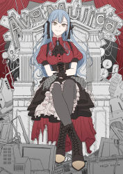  1girl ascot bang_dream! bang_dream!_it's_mygo!!!!! black_ascot black_boots black_corset black_pantyhose black_ribbon black_skirt blue_hair boots breasts closed_mouth collared_shirt commentary corset gloves grey_gloves hair_ribbon highres ishinomaki_rokorou long_hair medium_breasts oblivionis_(bang_dream!) pantyhose puffy_short_sleeves puffy_sleeves red_shirt ribbon shirt short_sleeves sidelocks sitting skirt solo throne togawa_sakiko yellow_eyes 