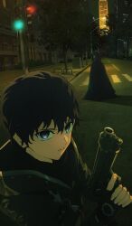  1boy 1girl aineko black_hair black_robe blue_eyes building city closed_mouth commentary crosswalk fate/grand_order fate/strange_fake fate_(series) fingerless_gloves gloves gun holding holding_gun holding_weapon jacket lamppost looking_at_viewer male_focus night no_name_assassin_(fate) official_art robe short_hair sigma_(fate) skyscraper third-party_source traffic_light trigger_discipline weapon yamada_yuukei 
