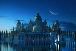  angel_statue blue_sky boat commentary crescent_moon dome english_commentary flock highres lake landscape moon night original outdoors palace raphael-lacoste reflection reflective_liquid scenery signature sky star_(sky) starry_sky water watercraft 