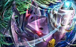  1other 8686island cannon colored_sclera commentary_request genesect looking_at_viewer open_mouth pokemon pokemon_(creature) pokemon_focus red_eyes smile solo teeth 