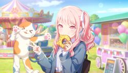  >_< 2others :3 akiyama_mizuki amusement_park animal-themed_food animal_costume animal_hands bag balloon blue_jacket blue_sky brown_bag buttons cat_costume cat_paws center_frills clouds colorful_palette cropped_torso day dot_nose doughnut drill_hair drill_ponytail drill_sidelocks food food_in_mouth frills game_cg hair_ribbon hand_up high_side_ponytail highres holding holding_food jacket lace-trimmed_skirt lace_trim light_blush looking_at_viewer multiple_others official_art open_clothes open_jacket other_focus outdoors pink_eyes pink_hair pink_nose ponytail project_sekai ribbon school_bag shirt sidelocks skirt sky third-party_source upper_body v white_ribbon white_shirt you_are_my_hero!!_(project_sekai) 