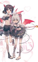  2girls absurdres ahoge ap04astral bare_shoulders belt bloomers blush bow brown_hair collar cosplay crop_top demon_girl demon_horns demon_tail demon_wings frilled_collar frills full_body gladiator_sandals grabbing_another's_arm hair_bow heart highres horns hozuki_momiji long_hair looking_at_viewer midriff multiple_girls navel onii-chan_wa_oshimai! open_mouth oyama_mahiro pink_hair red_eyes sandals see-through_clothes see-through_skirt shiny_skin short_hair shorts skinny skirt standing standing_on_one_leg tail twintails valentine wavy_mouth wings 