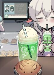  1girl blush censored censored_identity closed_eyes commentary cup cupcake double-parted_bangs drinking_glass drinking_straw english_commentary food hair_between_eyes highres ice ice_cream ice_cream_float ice_cube implied_murder indoors long_hair monitor original pov_across_table ryuuxin sadie_(ryuuxin) white_hair 