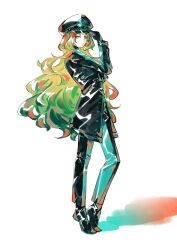  1girl aqua_pants black_gloves black_hat black_jacket black_pants black_shoes blind_obsession_(e.g.o) blue_eyes closed_mouth commentary e.g.o_(project_moon) english_commentary expressionless freckles from_side full_body gloves gradient_hair green_hair hand_up hashtag-only_commentary hat hat_tip highres ishmael_(project_moon) jacket knees_apart_feet_together lawrika limbus_company long_sleeves looking_to_the_side multicolored_hair neon_trim open_clothes open_jacket orange_hair pants peaked_cap project_moon shoes sidelocks simple_background solo standing tiptoes two-tone_hair two-tone_pants white_background 