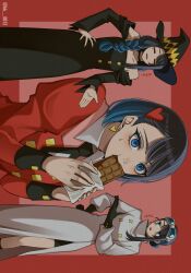  1girl ado_(utaite) black_dress black_gloves black_hat blue_eyes blue_hair braid cacao_(chocolat_cadabra) cacao_(chocolat_cadabra)_(cosplay) chando_(ado) chocolat_cadabra_(ado) chocolate cocoa_(chocolat_cadabra) cocoa_(chocolat_cadabra)_(cosplay) commentary_request cosplay dress earrings eating gloves goggles goggles_on_head hair_ornament hat heart heart_hair_ornament highres jewelry juliet_sleeves keeko_(kk_0012) long_sleeves mole mole_under_eye multiple_views off-shoulder_dress off_shoulder puffy_sleeves red_shirt shirt short_hair sideways single_braid single_sidelock sugar_(chocolat_cadabra) sugar_(chocolat_cadabra)_(cosplay) utaite witch_hat 