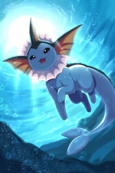  animal_focus blue_fur cetacean_tail fins fish_tail forked_tail head_fins highres no_humans open_mouth pokemon pokemon_(creature) pokemon_focus rumine_(yoshi1234567) smile solo tail underwater vaporeon water 