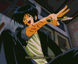  1boy black_eyes black_hair boxcutter classroom dark_background dutch_angle english_text feet_out_of_frame from_below gakuran grin guro hand_up head_tilt highres holding holding_boxcutter indoors injury jacket knee_up looking_at_viewer male_focus medium_hair on_floor open_clothes open_jacket randal's_friends scar scar_on_arm scar_on_hand school_uniform shirt sitting sleeve_rolled_up smile solo teeth tongue tsukada_satoru upper_teeth_only uri_ka55 v white_shirt 
